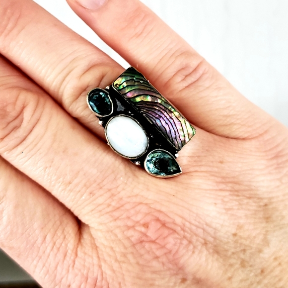 New Abalone Shell, Rainbow Moonstone, Blue Topaz 925 Silver Ring. - Picture 2 of 6